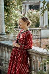 Robe midi bohème Elisa en coton imprimé à la main, décontractée, occasionnelle, florale, rouge et blanche - Product Image 3