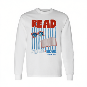 T-Shirt a Maniche Lunghe Patriottica per il 4 Luglio 'Read White Blue Since 1776' - T-Shirt Promozionale Bianca - Product Image 2