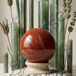 Sphère en pierre rouge polie sur base en bois, décoration artisanale pour la maison - Product Image 6