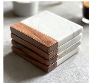 Round Marble <b>and</b> Wood <b>Coaster</b> <b>Set</b> Natural Wood <b>and</b> Marble Mango <b>coaster</b> Made in India - Product Image 6
