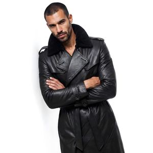 Men's Black Cowhide <b>Leather</b> Winter Trench <b>Coat</b> <b>with</b> Faux <b>Fur</b> Collar Quick Dry Moto & Biker Style - Product Image 4