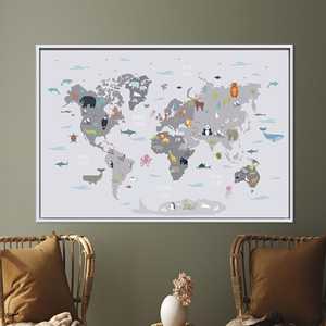 Toile imprimée : Carte du monde avec animaux pour la décoration de la chambre des enfants, 1P : encadré blanc - Product Image 1