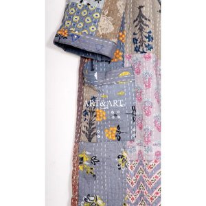 Hand-Stitched Black Patchwork Floral Design Summer Kimono Bath Robe Cut Work <b>Cardigan</b> Handmade Multi Kantha Quilted Breathable - Product Image 3