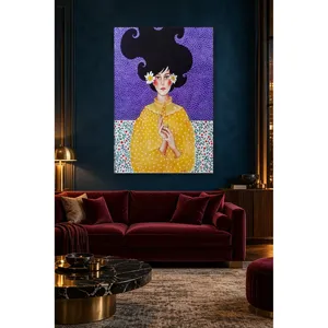 Fida, femme en robe jaune avec des marguerites sur fond violet à pois, impression sur toile - Product Image 3