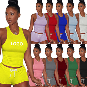 Conjunto de top corto sin mangas y pantalones cortos para mujer, ropa deportiva con logotipo personalizado, conjunto de dos piezas para gimnasio, correr, verano. - Product Image 2