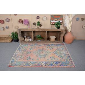 Alfombra turca Vintage de 4 pies, 11 pulgadas x 5 pies y 9 pulgadas, lana de retazos azul y rosa, área grande, sala de estar alfombra para, respaldo de látex, clásico para pasillo - Product Image 4