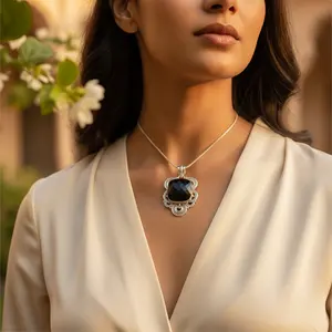 "Black Onyx Geometric Pendant <b>Necklace</b> for <b>Women</b> in 925 <b>Silver</b>" - Product Image 1