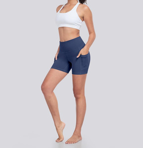 Pantalones cortos deportivos de Yoga azules de cintura alta en forma de V para mujer, sin costuras, de secado rápido, 100% de poliéster, para correr, cintura elástica sólida - Product Image 2