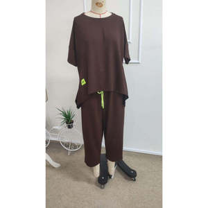 Ensemble deux pièces pour femme, chemisier à manches courtes et col rond en viscose à deux fils et pantalon, 37758 - Café - Product Image 6