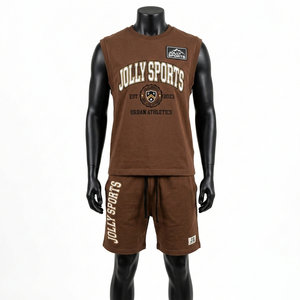 Ensemble t-shirt sans manches et short pour homme, 300 GSM, coton molletonné premium, logo imprimé, marron - Product Image 1