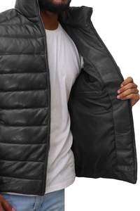 <b>Men's</b> Lightweight <b>Sheepskin</b> Leather Zip-Up Puffer Jacket Real Down Quilted <b>Coat</b> for Winter - Product Image 5