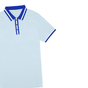 เสื้อโปโลสีฟ้าอ่อนสำหรับผู้ชาย คอเสื้อลายทางสีน้ำเงิน ผ้าฝ้ายสวมใส่สบาย สไตล์ลำลอง แขนสั้นทันสมัย - Product Image 5