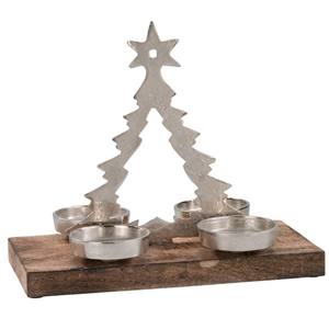 <b>Christmas</b> Metal Star <b>Tree</b> 4 Tealight Holder Modern Silver Aluminium <b>Candle</b> Holder With Wood Base Festive Tabletop Home Decor - Product Image 1