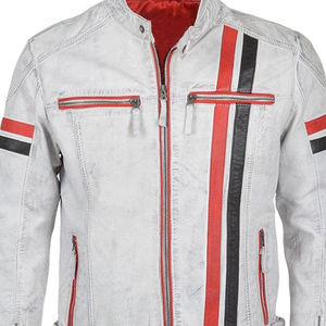 Veste en cuir de vache véritable de haute qualité pour homme, rayures sur le devant et les manches, veste de motard blanche cirée - Product Image 5