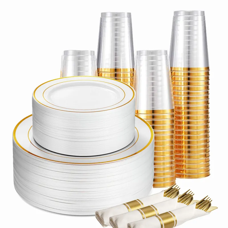 Assiettes en plastique doré avec couverts jetables, tasses, serviettes, ensembles de vaisselle pour les fêtes de mariage
