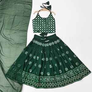 Shoryam mode filles enfants vert longueur au sol Lehenga Choli miroir broderie indien fête de mariage tenue - Product Image 1
