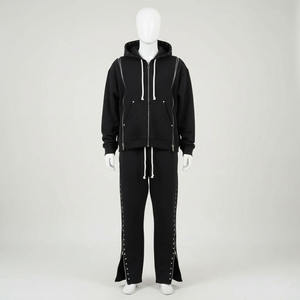 Unisex Black Hooded Tracksuit Set Full Length Zipper <b>Sweatshirt</b> Joggers Solid Color Casual Autumn Wear Breathable 100 Polyester - Product Image 3