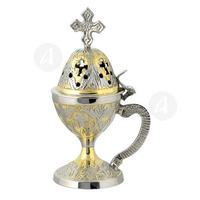 Brûleur d'encens moderne en aluminium moulé finition or, design tibétain, pour parfum bois de santal et coriandre, type à ressort