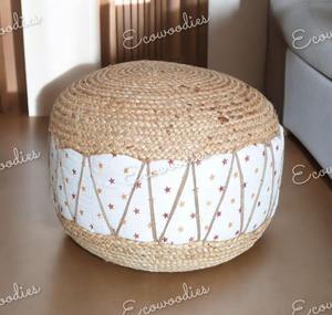 Pufs suaves hechos a mano de yute de forma redonda, pufs bohemios de yute, otomanos - Product Image 6