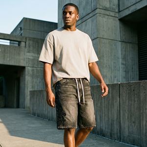 Shorts en jean pour hommes, solides, avec cristaux, broderie en strass, streetwear, jorts, coupe ample, délavés, décontractés, fabricant OEM, vente en gros - Product Image 5