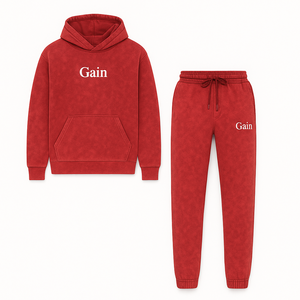Customizable <b>Red</b> Acid Washed Distressed Tracksuit With Gain Logo <b>Hoodie</b> And Joggers Set Solid Pattern Set For Winter - Product Image 1