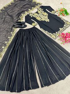 Tela de Georgette bordada india, conjunto de 3 piezas, diseñador pakistaní, Ropa Étnica, diseño cosido listo para usar Sharara Gharara Kurti - Product Image 4