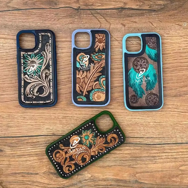 New Custom Design Turquoise Western Hand Tooled and Floral Leather Phone Case for iPhone 13 14 & 15 Phone Case Perfect Gift Idea