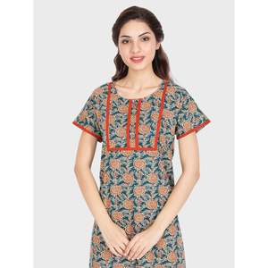 Camisón Largo Evolve para Mujer, Súper Cómodo, de Algodón Estampado, Ropa de Dormir de Verano con Cierre Elástico en la Cintura - Verde Botella - Product Image 1