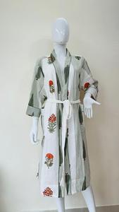 Robe de chambre kimono en coton à imprimé floral à la main, col en V, longueur genou, style indien, pour l'été et le printemps, vêtement de nuit, maillot de bain - Product Image 4