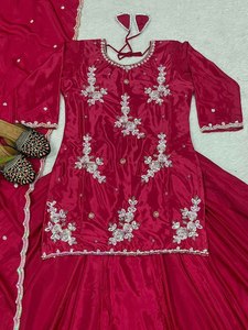 Vente chaude couleur marron Design taille parfaite mariée mariage et fête spéciale mi-longueur Kurti & Plazzo avec ensemble Dupatta assorti - Product Image 6