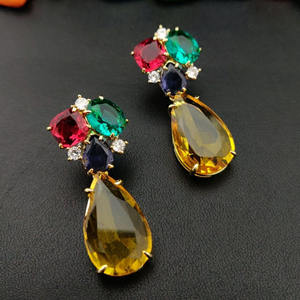 Boucle d'oreille plaquée or hydro jaune brillant, beaux bijoux de calcédoine colorés, bijoux à broche en pierre précieuse de conception Unique - Product Image 3