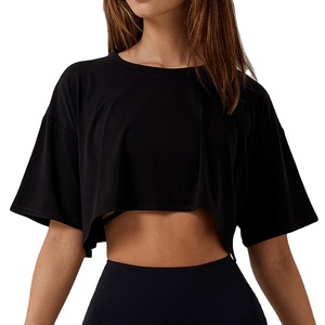 T-shirts courts en coton et polyester à manches courtes de bonne qualité pour femmes, color block et couleur unie teinte - Product Image 1