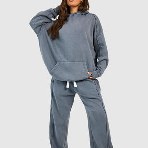 Sweat à capuche surdimensionné 100% coton pour femmes Vintage lavé couture détail sweats pour l'hiver court avant Logo 2 pièces ensemble pour l'automne - Product Image 3