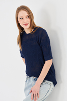 Blusa de punto con encaje y estampado de rosas para mujer - Top suave de manga corta con cuello redondo y botón trasero - Prenda de punto floral de verano