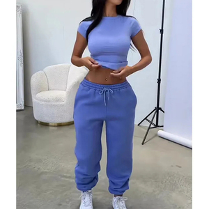 2 Piece Set Women Summer Casual Clothing Custom Ladies Ribbed Solid 100% Cotton Breathable <b>Crop</b> Tank Top and <b>Pants</b> Set - Product Image 2
