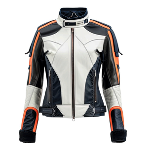 Women's Genuine Sheepskin Stand Collar Motorcycle Jacket Orange White with CE Armors & Lightweight for Winter Also for Men - Product Image 3