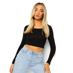 Top court à manches longues en polyester spandex mélangé pour femmes, noir, col carré, disponible dans toutes les couleurs et tailles. - Product Image 4