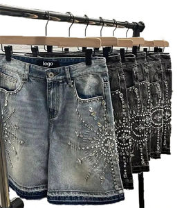Fabricant de shorts en jeans personnalisés au genou pour hommes, délavés à l'acide, baggy vintage, avec strass, shorts en jeans pour hommes - Product Image 1
