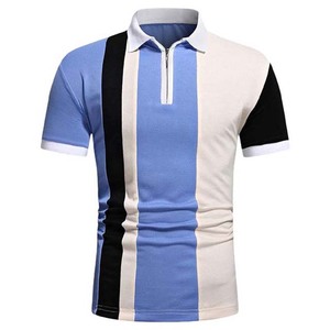 Men's Color Blocked Short Sleeve Polo <b>Shirt</b> Striped Knitted Casual Zipper <b>Collar</b> Blue White Black - Product Image 1