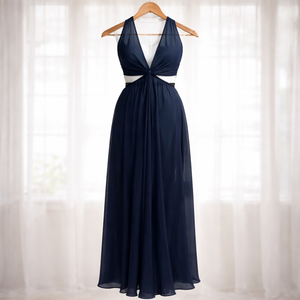 Vestido Largo Formal de Verano para Mujer, Estilo Maxi, Color Azul Marino, de Seda Georgette Negra, con Lazo en la Espalda, Tela de Chifón - Product Image 1