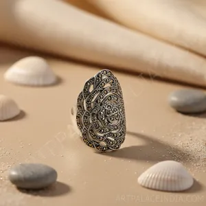 Women's 925 Silver Marcasite <b>Statement</b> <b>Ring</b> Boho Geometric Style with Emerald Cut Stone Rhodium Plated Rhodium Inlay Setting - Product Image 2