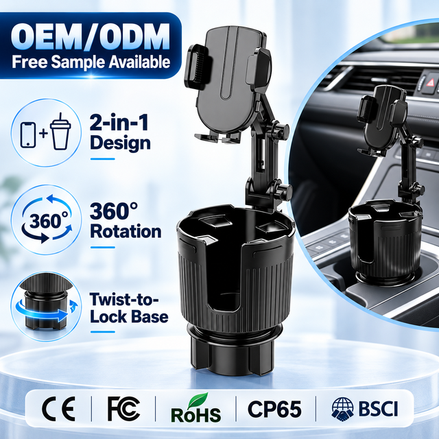 2-in-1 360 Degree Adjustable Car Phone Holder Center Stack Cup Holder Auto Interior Accessory for Bottle Beverages