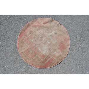 Turkish Vintage Rug, Round 2.7x2.7 ft (83x83 cm) Rug, <b>Red</b> Moroccan <b>Wool</b> Rug - Product Image 3