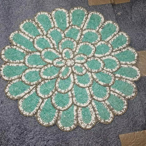 Placemat Set <b>Table</b> <b>Mats</b> Pads Collection with <b>Slate</b> Glass Drying Feature Premium 14-Inch Handmade Silver Gold Beaded - Product Image 1