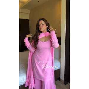 Elegant <b>Pink</b> Georgette <b>Salwar</b> <b>Kameez</b> Plazo Fancy Lace Detailing Traditional Style Quick Dry All Seasons Festive Parties Mehendi - Product Image 1