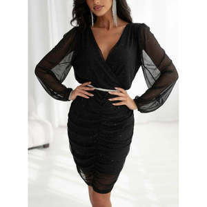 Vestido mini de gasa con estampado brillante y cuello cruzado de manga larga, elegante, para mujer, de Jane, forrado, sin cinturón, modelo 31630 - Product Image 1