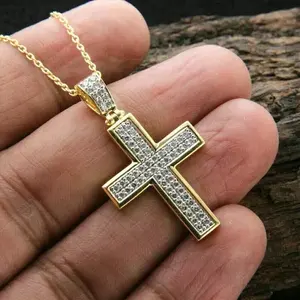 14K Yellow Gold Plated 925 <b>Silver</b> Pendant Chain with Round Cut Moissanite Diamond Cross Shape Vintage <b>Charm</b> for Gifts - Product Image 5