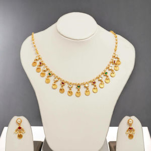Traditional gold plated pearl <b>chain</b> necklace set with multicolor stone coin dangler design and matching <b>earrings</b> for festive - Product Image 3