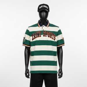 Polo en coton pour homme 220 GSM Tissu durable Rayures vertes et blanches Panneaux Logo brodé personnalisé Polo pour homme - Product Image 6