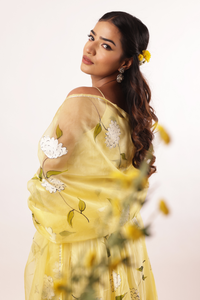 Premium elegante pintado a mano amarillo lima Modal seda Anarkali conjunto ligero Organza Dupatta mujer fiesta festiva desgaste indio - Product Image 5